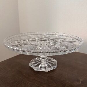 Vintage Clear Glass Pedestal Cake Stand Sunflower Design Footed‎ Cake Plate